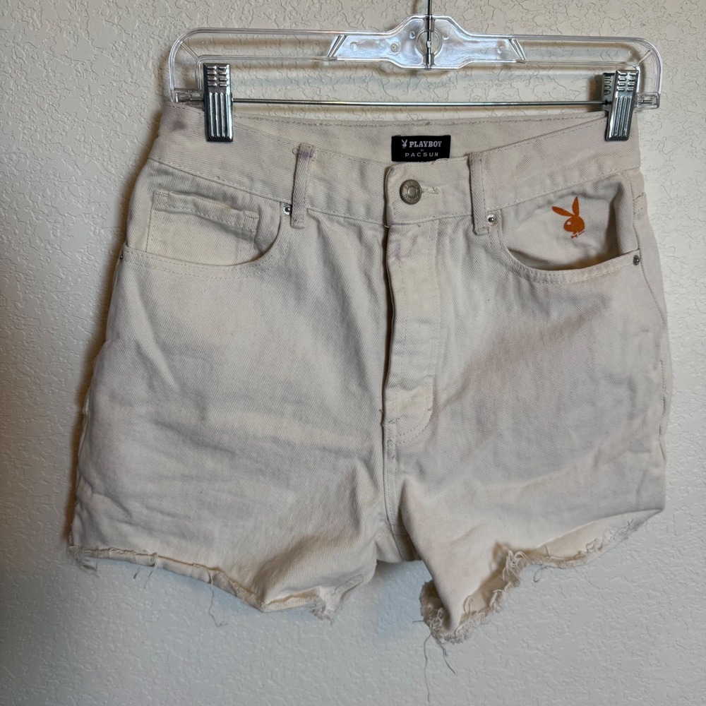 Retro Streetwear Playboy by PacSun High Waisted Denim Shorts Size 26 Off White